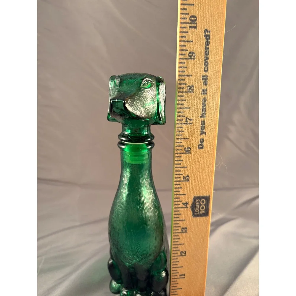 Vintage Emerald Green Glass Dachshund Dog Decanter Figural Bottle Textured 9.5in